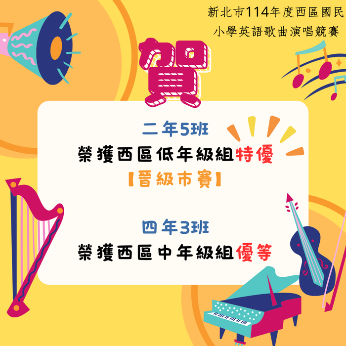 新北市114年度西區國民小學英語歌曲演唱競賽成績公告圖片